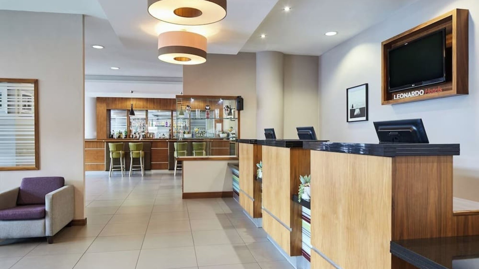 Lobby and coworking lounge at Leonardo Hotel Bradford.
