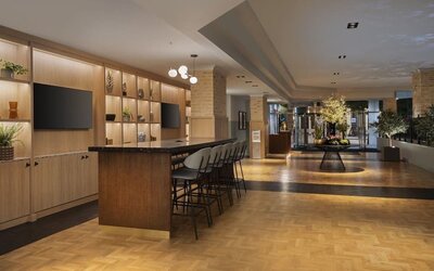 Lobby and coworking lounge at Leonardo Royal Hotel Birmingham.