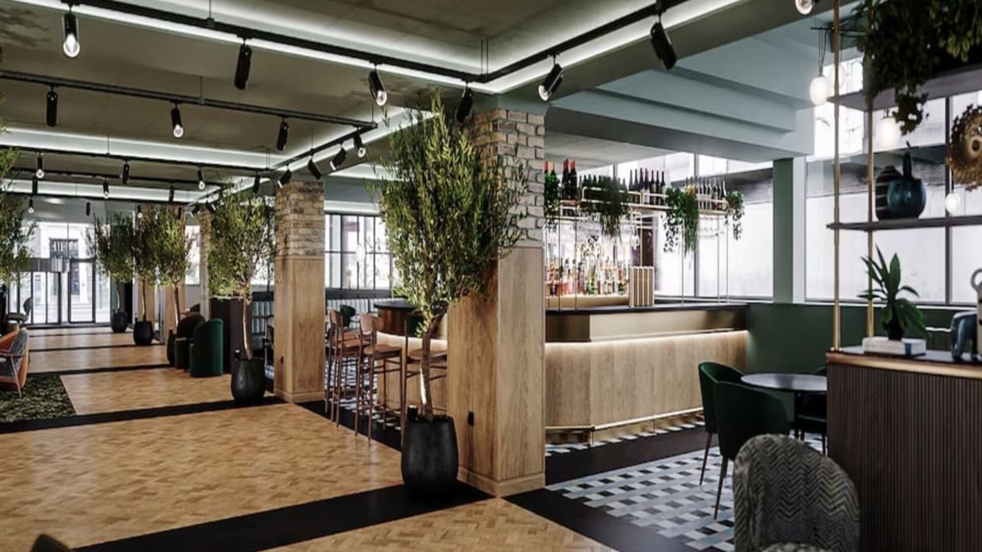 Lobby and coworking lounge at Leonardo Royal Hotel Birmingham.