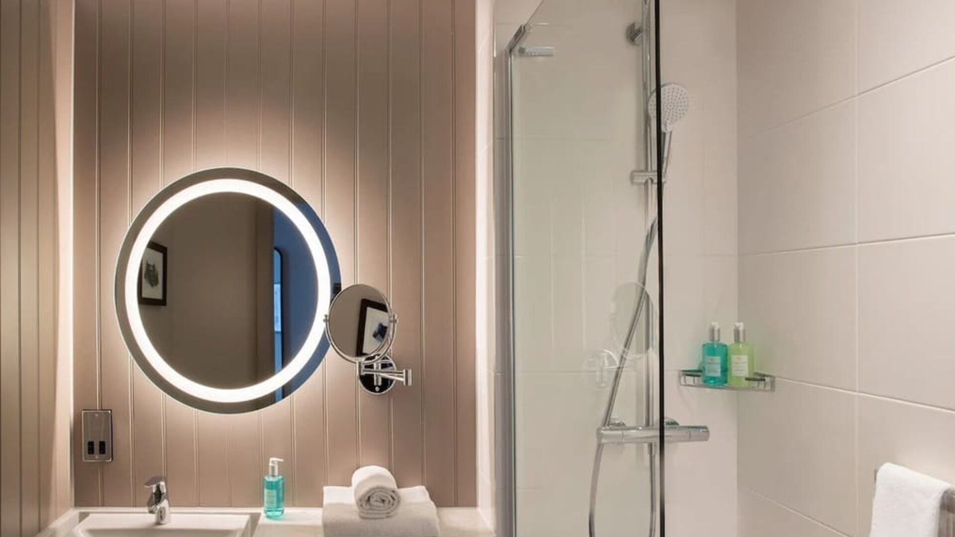 Guest bathroom with shower at Leonardo Royal Hotel Edinburgh.