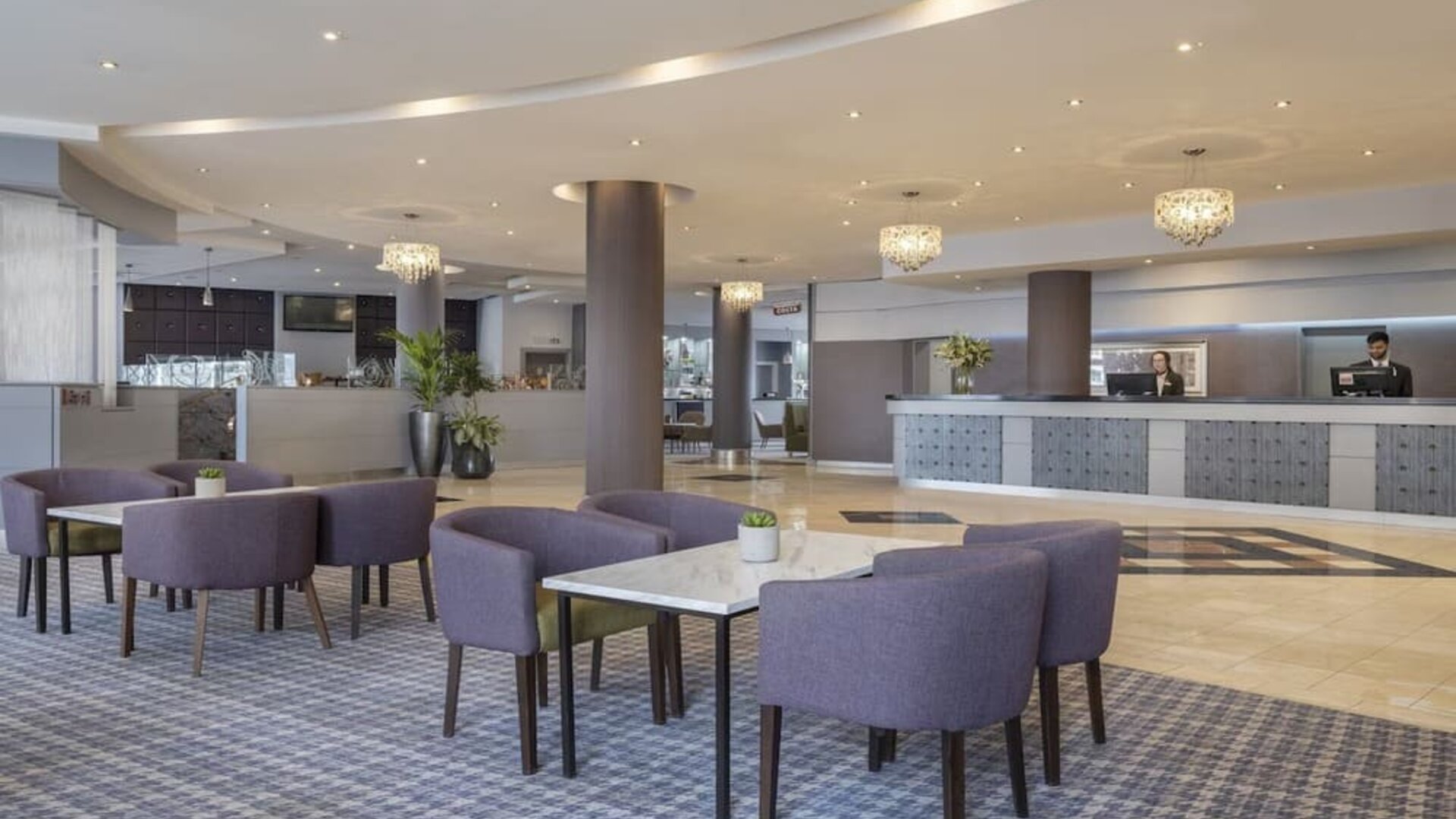 Lobby and coworking lounge at Leonardo Hotel Leeds. 