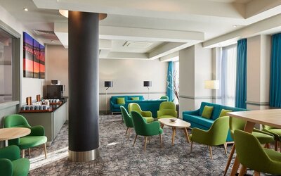 Coworking space and lounge area at Leonardo Hotel Newcastle.