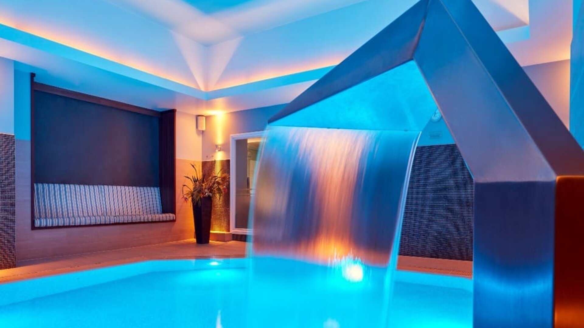 Relaxing indoor pool with swan neck fountain  at The Midland - A Leonardo Royal Hotel.