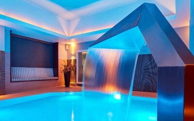 Relaxing indoor pool with swan neck fountain  at The Midland - A Leonardo Royal Hotel.