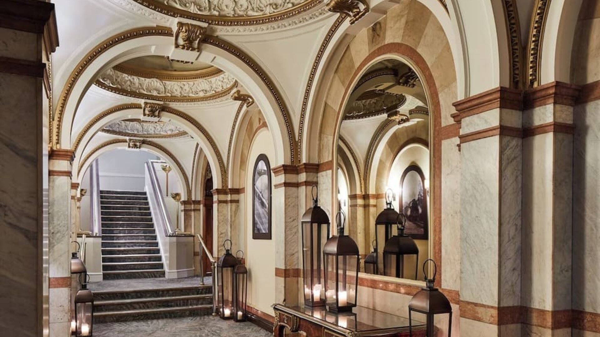 Ornate hotel hallway with arched ceilings and marble accents at The Midland - A Leonardo Royal Hotel.