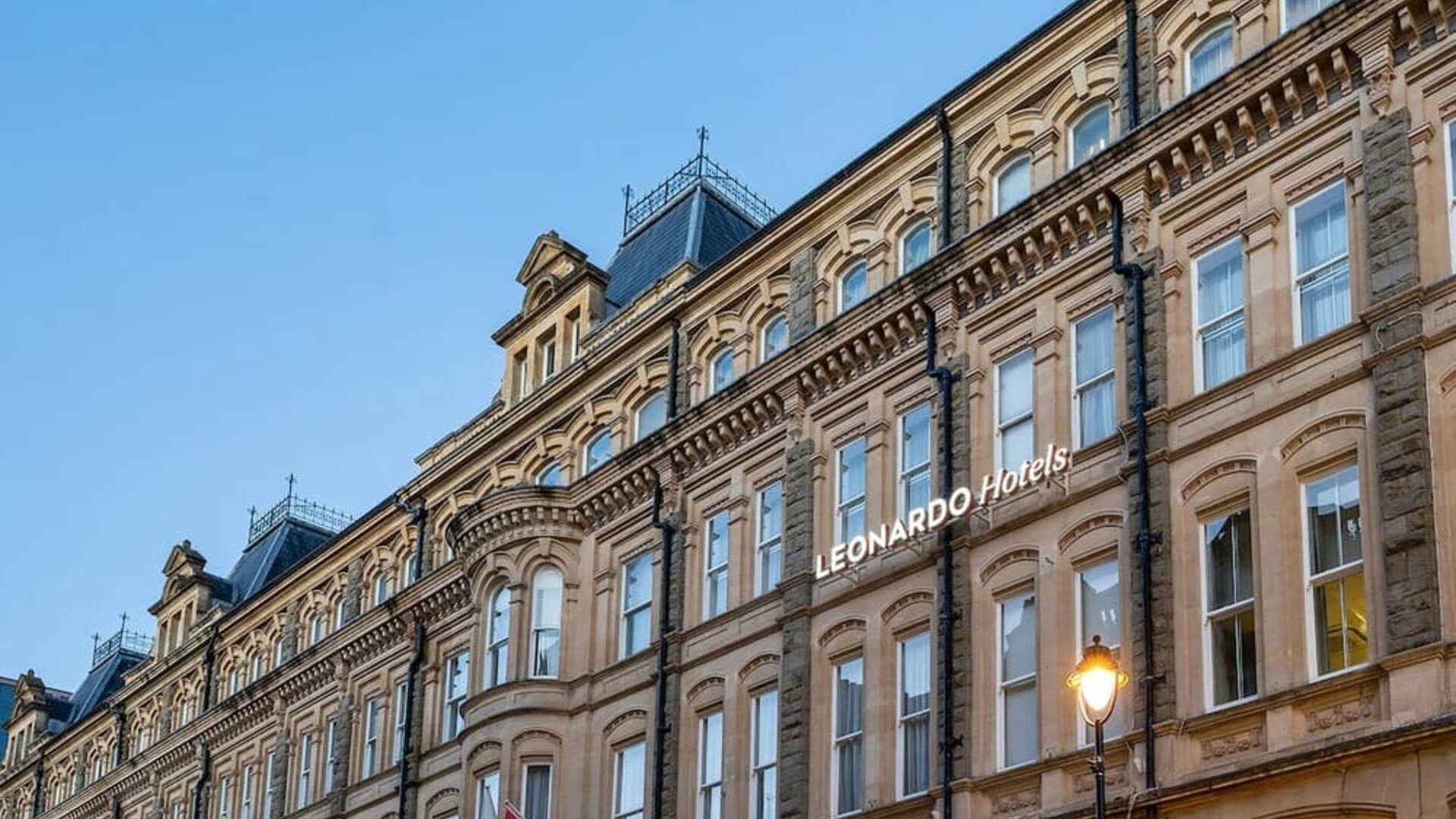 Hotel facade at Leonardo Hotel Cardiff.