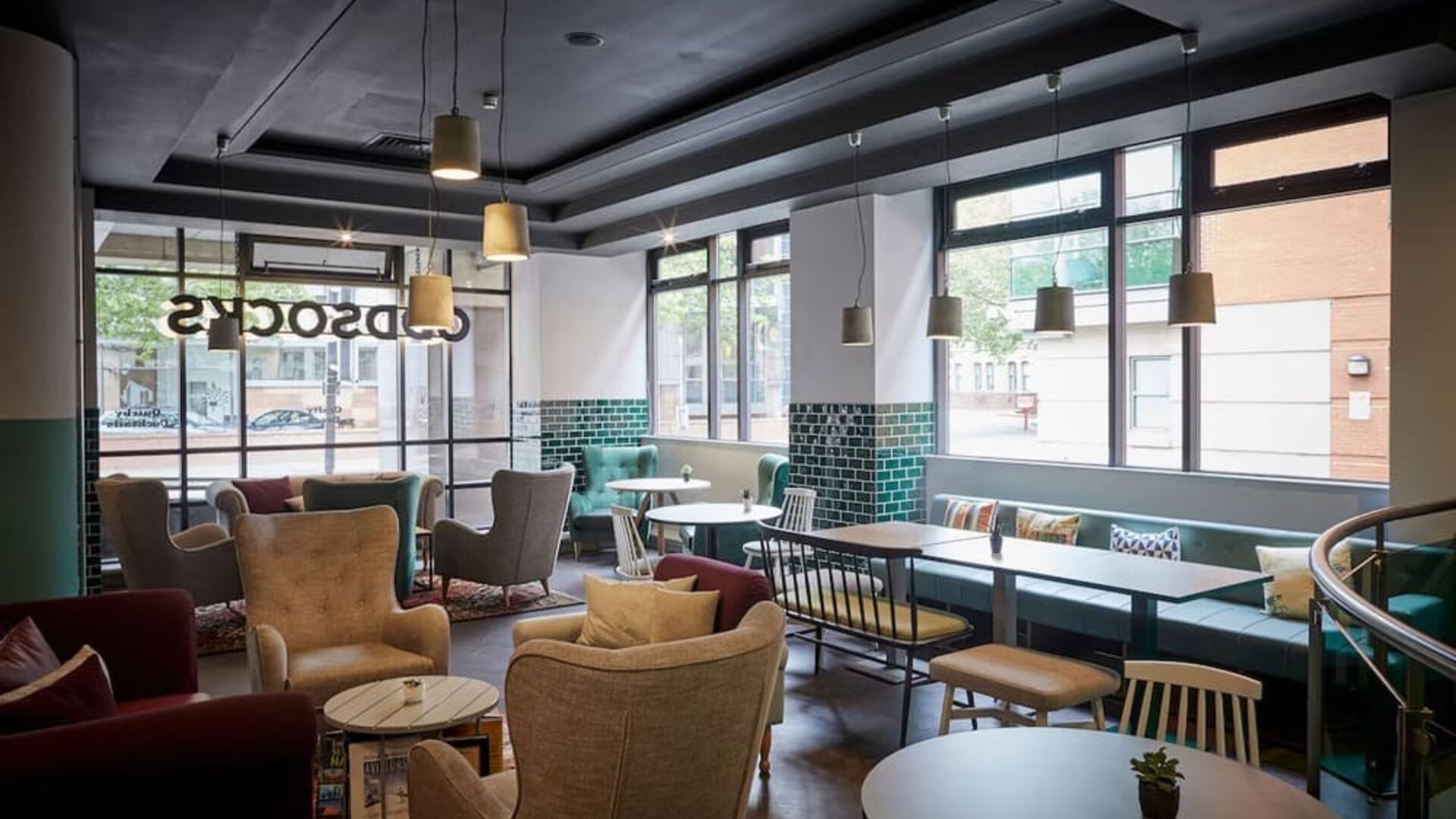 Lobby and coworking lounge at Leonardo Hotel Manchester Central.