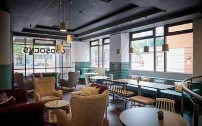 Lobby and coworking lounge at Leonardo Hotel Manchester Central.