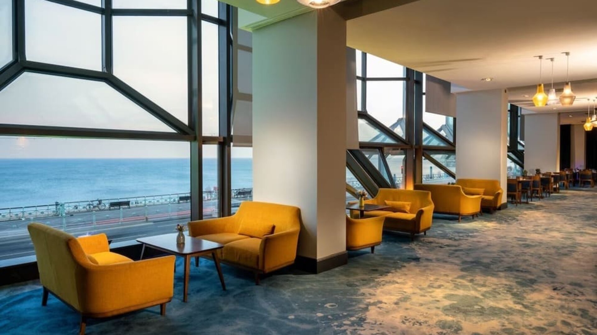 Hotel lounge at Leonardo Royal Hotel Brighton Waterfront.