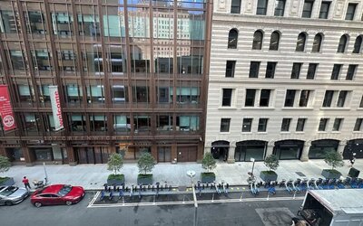 City view from day use room at Tribeca Hotel FiDi.