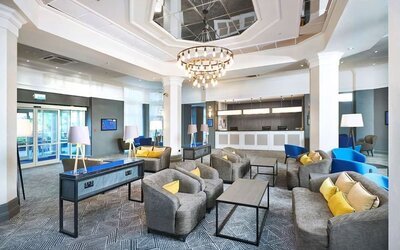 Lobby and coworking lounge at DoubleTree by Hilton Dartford Bridge.