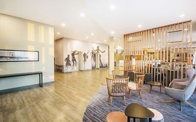 Lobby and coworking lounge at Hampton By Hilton Blackpool. 