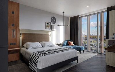 Bright king bedroom with view at The Gantry London, Curio Collection By Hilton.