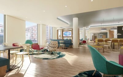 Comfortable and stylish lobby workspace at the Hampton by Hilton Manchester Northern Quarter.