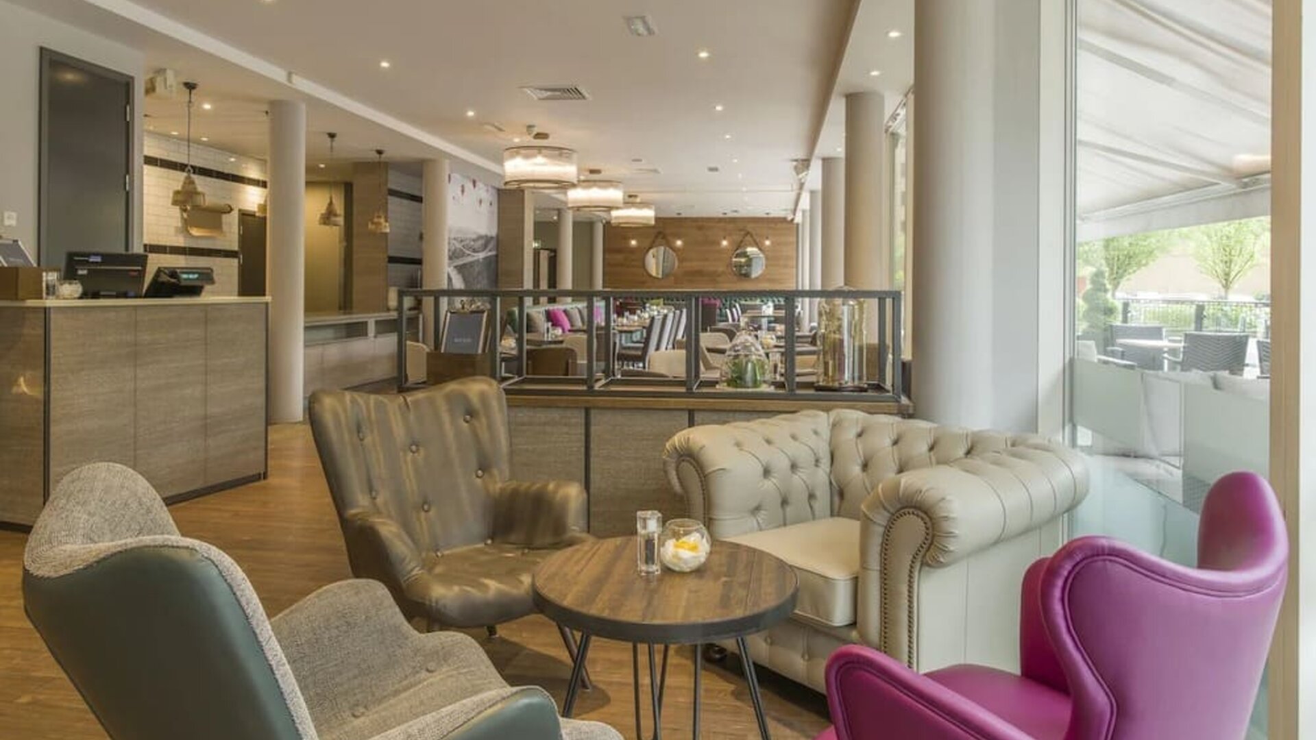 Lobby and coworking lounge at Hilton Garden Inn Bristol City Centre.