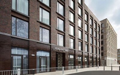 Hotel entrance at the Hampton by Hilton London Docklands.