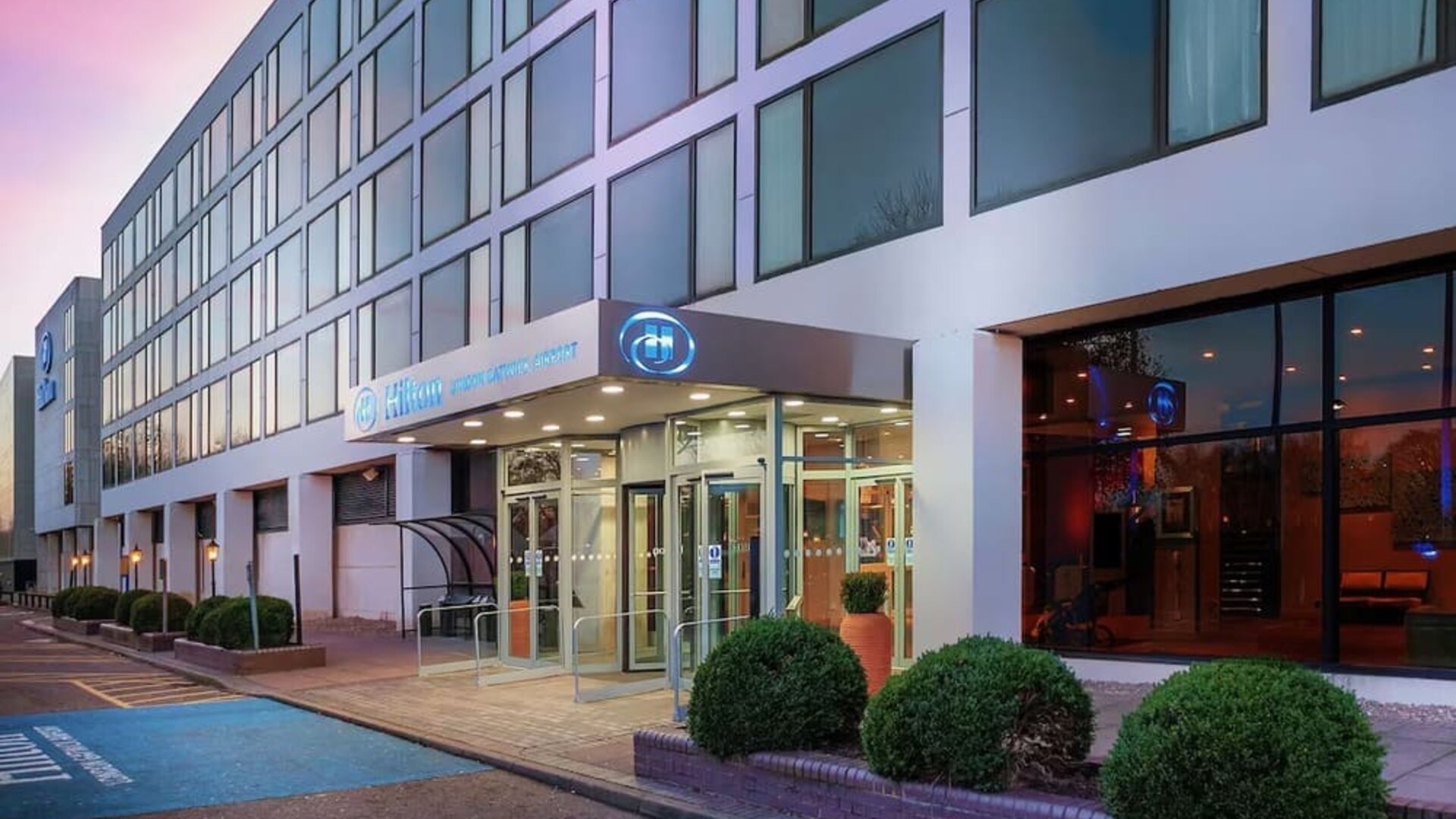 Hotel entrance at the Hilton London Gatwick Airport.