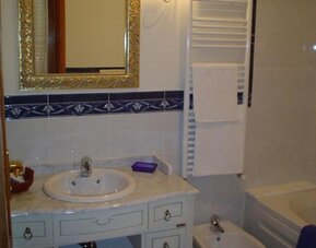 Elegant bathroom featuring a marble vanity, bathtub with shower, bidet, heated towel rail, and ornate mirror.