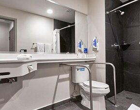 Accessible guest bathroom at City Express by Marriott Aeropuerto Ciudad de México featuring roll-in shower access, support rails, and modern fixtures designed for comfort and convenience.
