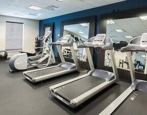 Fitness center with treadmills, cardio machines, free weights, and mirrored wall at Hampton Inn & Suites Orlando at SeaWorld.