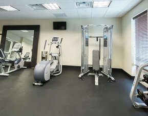Fitness facility with strength training equipment, cardio machines, and dumbbell rack at Hampton Inn & Suites Orlando at SeaWorld.