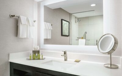Contemporary bathroom vanity with large mirror, bright lighting, toiletries, towels, and glass-enclosed shower.