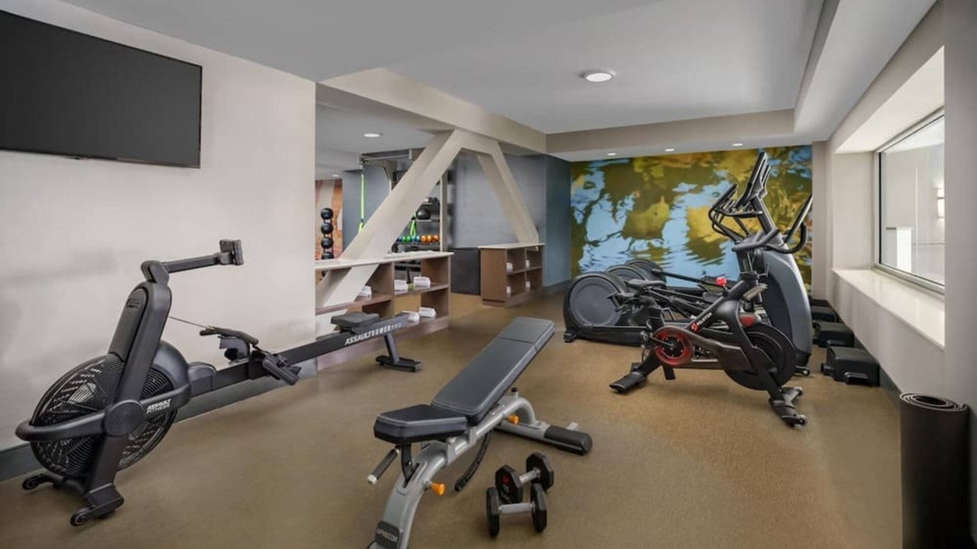Modern fitness center featuring cardio machines, free weights, workout bench, and large windows.
