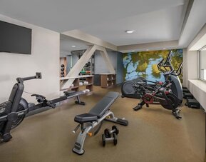 Modern fitness center featuring cardio machines, free weights, workout bench, and large windows.