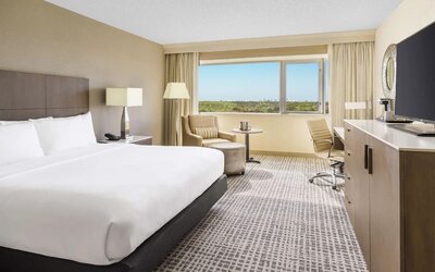 King suite with large bed, sitting area, work desk, and expansive window overlooking greenery.