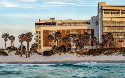 Beachfront hotel exterior framed by palm trees, white sand dunes, and gentle waves along the shoreline.