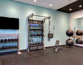 Modern fitness facility featuring dumbbells, kettlebells, suspension trainers, and exercise equipment at Tru By Hilton Lithia Springs.