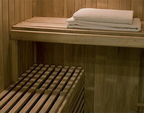 Traditional wooden sauna offering a relaxing wellness experience with tiered seating and a warm, inviting atmosphere at Hotel Lafayette.