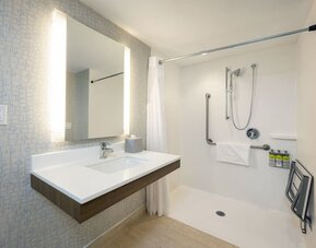 Accessible guest bathroom with roll-in shower, grab bars and modern vanity at Holiday Inn Express Toronto Downtown.