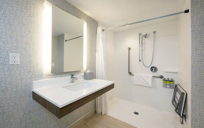 Accessible guest bathroom with roll-in shower, grab bars and modern vanity at Holiday Inn Express Toronto Downtown.
