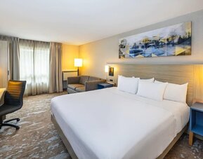 Spacious king guest room with sofa seating, work desk, and modern furnishings at Comfort Inn Sydney.