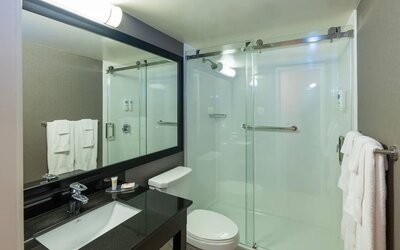 Modern guest bathroom featuring a spacious walk-in shower, sleek vanity, and complimentary bath amenities at Comfort Inn Amherst.