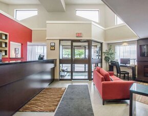Welcoming hotel entrance and lobby featuring contemporary décor and convenient guest services at Comfort Inn Amherst.