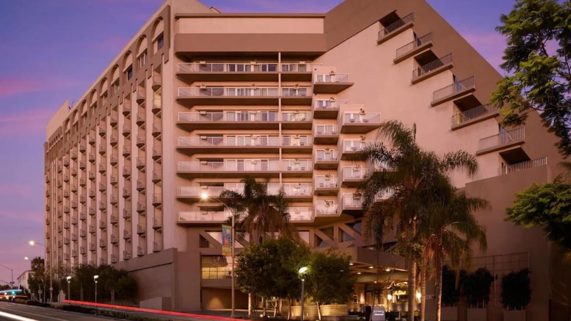 Exterior view of Hyatt Centric Delfina Santa Monica showcasing modern architecture in a prime location near Santa Monica Beach.