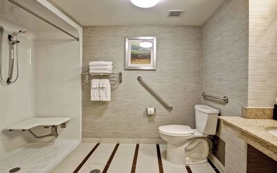 Accessible bathroom featuring a roll-in shower, grab bars, and modern vanity at Fairfield Inn & Suites Guelph.