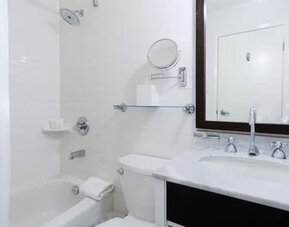 Modern guest bathroom featuring a shower and bathtub combination, spacious vanity, and complimentary bath amenities at ARC The Hotel Ottawa.