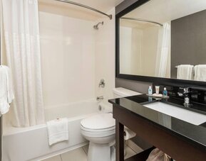 Modern guest bathroom with a shower and bathtub combination, spacious vanity, fresh towels, and complimentary bath amenities at Comfort Inn Sherbrooke.