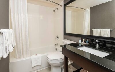 Modern guest bathroom with a shower and bathtub combination, spacious vanity, fresh towels, and complimentary bath amenities at Comfort Inn Sherbrooke.