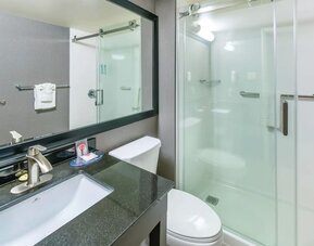 Modern guest bathroom with a walk-in shower, granite vanity, and fresh towels at Comfort Inn Sudbury East.
