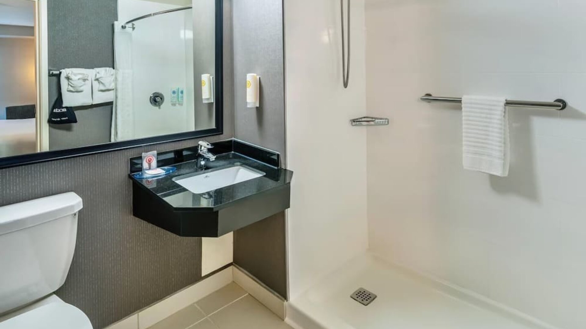 Accessible guest bathroom featuring a roll-in shower, modern vanity, and safety grab bars at Comfort Inn Sudbury East.