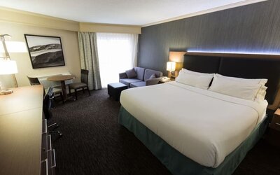 Spacious king guest room featuring a sofa, work desk, and modern amenities at Holiday Inn Express Edmonton Downtown, an IHG Hotel.