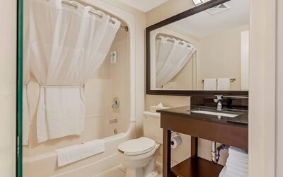 Guest bathroom with a shower and granite vanity at Comfort Inn Brantford.