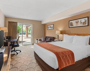 Spacious guest room with a king bed, sofa, and work desk at Comfort Inn Brantford.