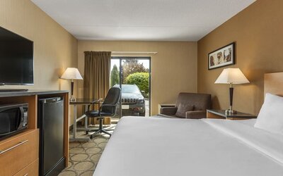 Guest room with a king bed, work desk, and armchair at Comfort Inn Brandon.