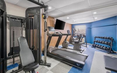 Fitness center with cardio machines, free weights, and strength equipment at Comfort Inn Belleville.