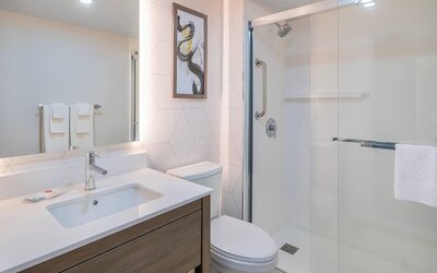Guest bathroom with a walk-in shower and vanity at Comfort Inn Belleville.